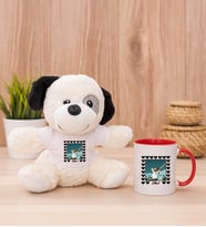 Kişiye Özel Kalp Detaylı Fotoğraflı  Peluş Köpek ve Kırmızı Kupa