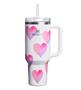 Stanley Quencher H2.0 FlowState Tumbler Kalp Desenli Pipetli Termos Bardak – Beyaz Pembe Gradient Kalp Tasarım 40 OZ / 1.18 L