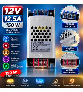 12 Volt 12.5 Amper 150 Watt Ultra Slim Metal Kasa Trafo