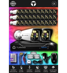 TURKNO 32 Kameralı Karie 32 Dış Kamera Set HDD'siz Full HD Renkli Gece Görüşlü Güvenlik Kamerası Sistemi