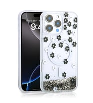 Apple iPhone 14 Pro Max Uyumlu Kılıf Sıvılı Simli Baskılı Şeffaf Arka Yüzey Zore Mossa Silikon Kapak (Siyah)