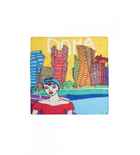 İkigai City Serisi Doha Özel Tasarım El Çizim Renkli Çok Fonksiyonlu Renkli Kare 45X45 Bandana