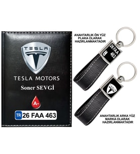 Plakanıza Özel Tesla Logolu Siyah Ruhsat Kabı ve Anahtarlık
