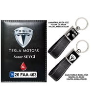 Plakanıza Özel Tesla Logolu Siyah Ruhsat Kabı ve Anahtarlık