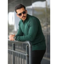 Erkek örgü Desen Fermuar Yaka Uzun Kollu Triko (A.Yeşil)