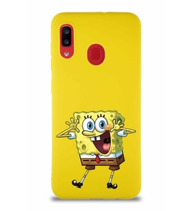 Samsung Galaxy A20 Soft Premier Kapak Sünger Bob Tasarımlı Silikon Kılıf - Sarı (Şeffaf)
