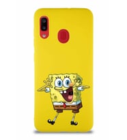Samsung Galaxy A20 Soft Premier Kapak Sünger Bob Tasarımlı Silikon Kılıf - Sarı (Şeffaf)
