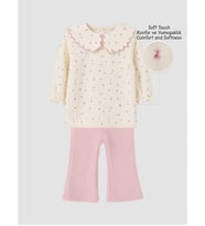 LCW baby Ekru Çiçekli Kız Bebek Bluz Ve Fitilli Pantolon Takım