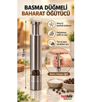 ByMyHand Paslanmaz Çelik Portatif Basma Düğmeli Baharat Öğütücü Baharatlık Tuzluk