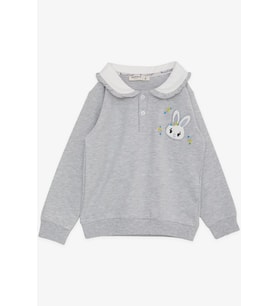 Breeze Kız Çocuk Sweatshirt Tavşan Nakışlı Düğmeli 2-6 Yaş, Açık Gri Melanj