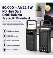 50.000 mAh 22.5W PD Hızlı Şarj Kamp Lambalı Dahili Kablolu Powerbank Taşınabilir Şarj Cihazı