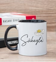 Kişiye Özel Papatya Tasarımlı İsimli Siyah Kupa Bardak