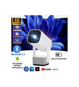 Kablosuz 1080P 4K Ultra HD Projeksiyon, Şarjlı, Android, WiFi, Bluetooth, Sinema