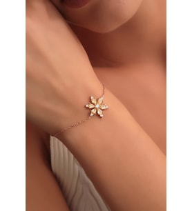 925 Ayar Gümüş Zincirli Rose Kaplama Sarı Taşlı  Kamelya Lotus Çiçeği Bileklik