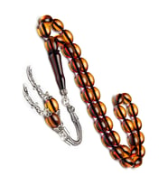 925 Ayar Gümüş Püsküllü 8x12mm Bal Rengi Ateş Kehribar Tesbih (Çok Renkli)