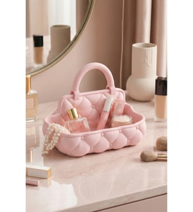 Pastel Pembe Kapitone Desenli Makyaj Çantası ve Organizer Seti