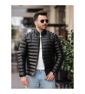 Erkek Deri Şişme Mont (Siyah)