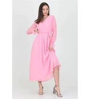 Neşeli Butik Kadın Pudra Yeni Sezon Astarlı Kruvaze Yaka Uzun Şifon Elbise NB003