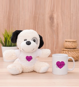 Kişiye Özel Mor Kalpli İsimli Peluş Köpek ve Beyaz Kupa