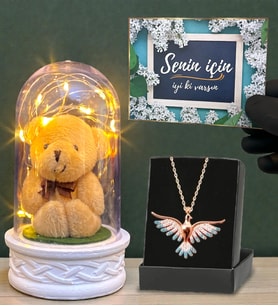 Led Işıklı Fanus ve Renkli Zümrüdü Anka Kuşu Kolye Hediye Seti (Model 6)