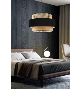 Bohem Trio Metal Kasalı Gerçek Rattan ve Siyah Kumaş Salon Avize Üç Katlı Pasta Yatak Odası Sarkıt