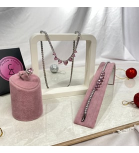 Kadın Gümüş/Pembe 7 Kalpli Zirkon Taşlı Kolye Bileklik ve Yüzük Seti , 777 Set
