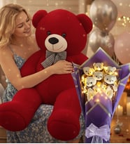 90 Cm Peluş Ayı ve LED Işıklı Mor Peluş Ayıcık Buketi Seti Sevgiliye Hediye Hediye Doğum Günü Özel Gün Seti (Kırmızı)