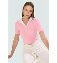 Kadın Kısa Kollu Fitted Örme Bluz Günlük Stil Kullanım İçin Özenle Seçilmiş Şık Görünüm (Pembe)
