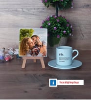 Sevgiliye Hediye Fotoğraflı Dekoratif Taş, Ahşap Altlıklı Türk Kahvesi Fincanı Hediye (Model 2)