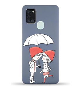 Samsung Galaxy A21s Uyumlu Lansman Kılıf Aşk Tasarımlı İçi Kadife Kapak-Petrol Mavisi (Şeffaf)