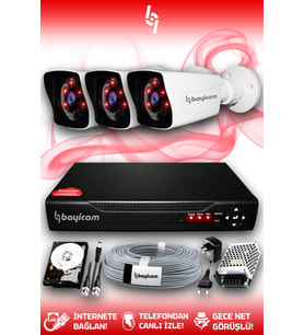 BAYICAM 3 Kameralı Kare 3 Dış Kamera Set 500 GB HDD Full HD Gece Görüşlü Güvenlik Kamerası Sistemi