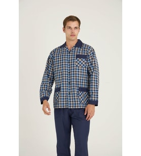 Yeni Sezon Apaj Yaka Ekose Desenli Erkek Pijama Takımı (Lacivert)