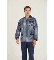 Yeni Sezon Apaj Yaka Ekose Desenli Erkek Pijama Takımı (Lacivert)