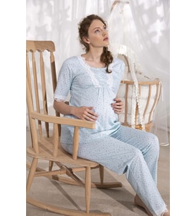 Fırfırlı Kısal Kol Kadın Hamile Pijama Takımı (Mavi)