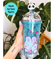 Çılgın Suluk Pipetli Cam Görünümlü Led Işıklı 450 ML Çift Katman Mika 2093 Mavi