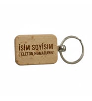 Kişiye Özel Mini Dikgörtgen Ahşap Anahtarlık – İsim Soyisim ve Telefon Numarası Yazılı Lazer Gravür Anahtarlık – Kişisel & Acil Durum Anahtarlığı