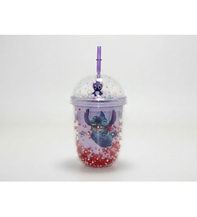 500ml Stitch Figürlü Pipetli Köpük Boncuklu Bardak Mor Renk Şeffaf Kapaklı Çocuk Matara (Y. Mor)