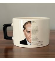 Atatürk Baskılı Gençliğe Hitabe Yazılı Siyah Kulplu Seramik C Kupa (Beyaz)