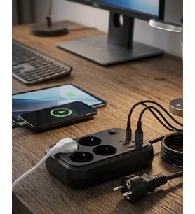 Termal Korumalı Uzatma Kablosu 4 Priz USB ve Type C Çoklu Şarj İstasyonu