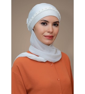 Krem Pratik Hazır Geçmeli Tesettür Bone Sandy Kumaş Örgülü Güllü Şifon Atkılı 1203A_40