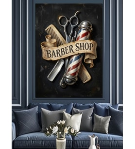 Barber Shop Klasik Kuaför Logosu Dekoratif Kanvas - Mdf Ahşap Tablo