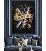 Barber Shop Klasik Kuaför Logosu Dekoratif Kanvas - Mdf Ahşap Tablo