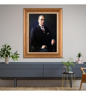 Altın Varaklı Çerçeveli Paspartulu Atatürk Tablo DC1092 (Gold)