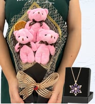 Büyük Boy 3'lü Peluş Ayıcık Buketi ve Gerçek Ametist Taşlı Lotus Kolye (Model 1)