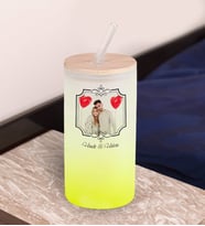BK Gift İsimli Fotoğraflı Sarı Renk Pipetli Buzlu Cam Bardak 600ml - 1, Arkadaşa Hediye, Doğum Günü Hediyesi