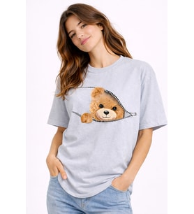 Fermuarlı Ayıcık Baskılı Kadın Tişört Oversize Sevimli Teddy Bear Baskılı Pamuk T-Shirt (Çok Renkli)