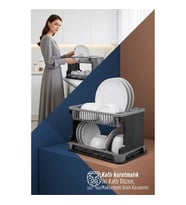 2 Katlı Rattan Dokulu Lüks Bulaşıklık - Kirli Beyaz & Siyah Modern Düzenleyici