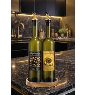 Zeytinyağı ve Ayçiçek Yağı Şişesi Seti, Altın Etiket ve Yağdanlık Aparatlı, Ahşap Standlı 750 ml, 2 Adet, Yeşil Cam Şişe (Standlı, Altın)