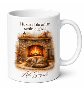 Şömine ve Kedi Temalı Baskılı Kupa Bardak Hediye Porselen Mug