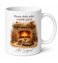 Şömine ve Kedi Temalı Baskılı Kupa Bardak Hediye Porselen Mug